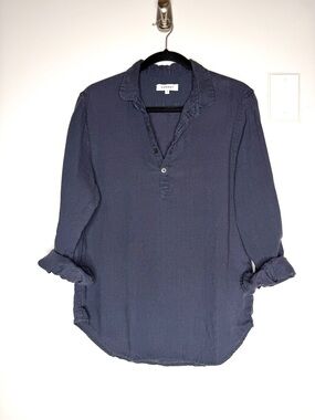 Venroy 100% Linen Popover Blouse Long Sleeve Henley Navy Blue Size S